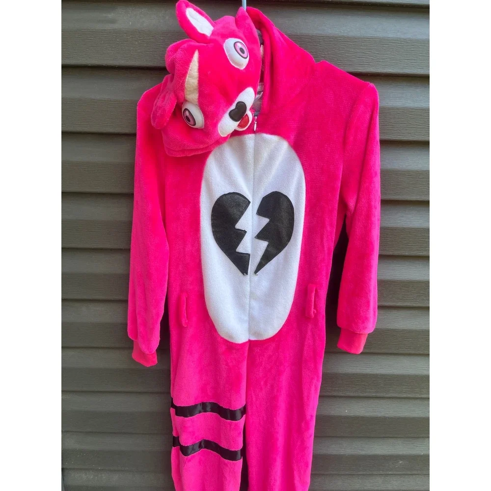 Fortnite Cuddle Team Leader Pink Bear Costume Hooded Bodysuit Youth Large 10-12